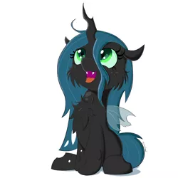 Size: 1500x1500 | Tagged: safe, artist:fajnyziomal, derpibooru import, queen chrysalis, changeling, changeling queen, cheek fluff, chest fluff, cute, cutealis, fangs, female, filly, fluffy changeling, image, looking up, open mouth, png, simple background, sitting, smiling, solo, stray strand, three quarter view, white background