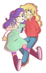 Size: 806x1280 | Tagged: safe, artist:eereekuhh, derpibooru import, applejack, rarity, human, boots, clothes, converse, cosplay, costume, crossover, cute, dress, female, humanized, jackabetes, jeans, lesbian, marco diaz, one eye closed, pants, raribetes, rarijack, shipping, shoes, star butterfly, star vs the forces of evil, starco, wink