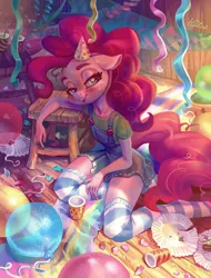 Size: 2067x2716 | Tagged: safe, artist:holivi, derpibooru import, pinkie pie, anthro, earth pony, unguligrade anthro, aftermath, balloon, bedroom eyes, birthday, birthday party, blushing, cake, clothes, commission, cup, denim skirt, exhausted, female, floppy ears, food, hat, high res, legs, lidded eyes, looking at you, messy tail, open mouth, party, plate, shirt, skirt, smiling, socks, solo, striped socks, suspenders, sweat, thigh highs, undershirt, wingding eyes