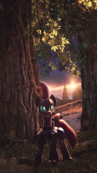 Size: 1280x2276 | Tagged: safe, artist:freasaloz, derpibooru import, tempest shadow, pony, 3d, rain, solo, source filmmaker, tree