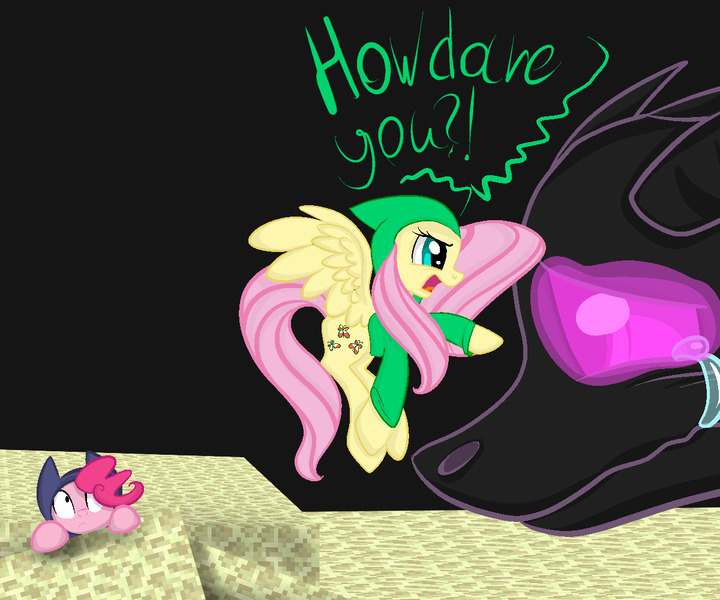 Size: 1200x1000 | Tagged: safe, artist:vikuskaal, derpibooru import, fluttershy, pinkie pie, dragon, earth pony, pegasus, pony, angry, clothes, creeper, creepershy, crying, ender pinkie, enderdragon, female, hoodie, mare, minecraft, pointing, solo