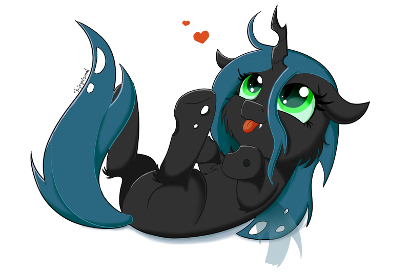 Size: 1500x1000 | Tagged: safe, artist:fajnyziomal, derpibooru import, queen chrysalis, changeling, changeling queen, pony, cheek fluff, cute, cute little fangs, cutealis, fangs, female, filly, heart, leg fluff, on back, signature, simple background, solo, tongue out, white background