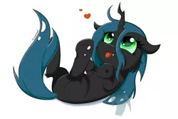 Size: 1500x1000 | Tagged: safe, artist:fajnyziomal, derpibooru import, queen chrysalis, changeling, changeling queen, pony, cheek fluff, cute, cute little fangs, cutealis, fangs, female, filly, heart, leg fluff, on back, signature, simple background, solo, tongue out, white background