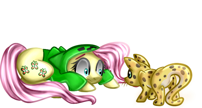 Size: 700x377 | Tagged: safe, artist:vikuskaal, derpibooru import, fluttershy, cat, ocelot, pegasus, pony, clothes, creeper, creepershy, crouching, cute, eye contact, female, floppy ears, frown, hoodie, looking at each other, mare, minecraft, shrunken pupils, simple background, white background, wide eyes