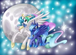 Size: 640x465 | Tagged: safe, artist:vikuskaal, derpibooru import, princess celestia, princess luna, alicorn, pony, duo, duo female, eye clipping through hair, female, full moon, mare, moon, royal sisters, s1 luna, sky, space, stars