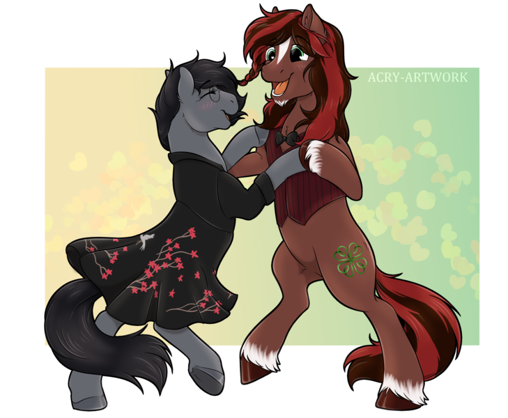 Size: 2650x2180 | Tagged: safe, artist:acry-artwork, derpibooru import, oc, oc:aubade, oc:liath mac medb, earth pony, pony, clothes, couple, dancing, dress, female, male, stallion, vest