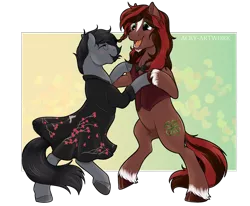 Size: 2650x2180 | Tagged: safe, artist:acry-artwork, derpibooru import, oc, oc:aubade, oc:liath mac medb, earth pony, pony, clothes, couple, dancing, dress, female, male, stallion, vest