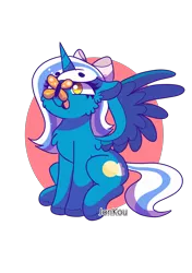 Size: 2039x2893 | Tagged: safe, artist:jonkou, derpibooru import, oc, oc:fleurbelle, alicorn, butterfly, pony, abstract background, adorabelle, alicorn oc, bow, butterfly on nose, cheek fluff, chest fluff, circle background, cute, ear fluff, female, hair bow, happy, horn, insect on nose, looking up, mare, ocbetes, solo, sweet, wings