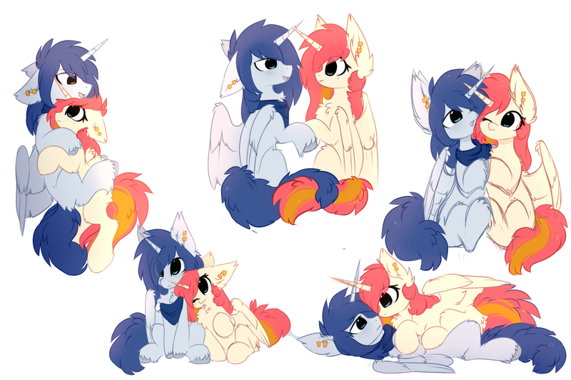 Size: 3000x2000 | Tagged: safe, artist:little-sketches, derpibooru import, oc, oc:prince nova, oc:princess stella, unofficial characters only, alicorn, pony, alicorn oc, chest fluff, ear fluff, female, floppy ears, fluffy, horn, hug, male, mare, simple background, stallion, straight, white background, wings