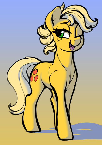 Size: 1145x1623 | Tagged: safe, artist:dimfann, derpibooru import, applejack, earth pony, pony, alternate hairstyle, cute, female, gradient background, hatless, jackabetes, mare, missing accessory, one eye closed, open mouth, short hair, smiling, solo, wink