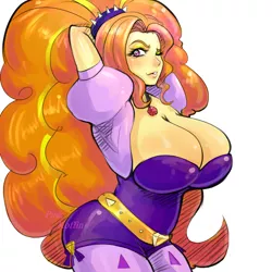 Size: 1000x1000 | Tagged: suggestive, artist:pinkkoffin, derpibooru import, adagio dazzle, human, equestria girls, arm behind head, big breasts, breasts, busty adagio dazzle, cleavage, female, gem, huge breasts, jewelry, looking at you, nail polish, necklace, one eye closed, raised eyebrow, sexy, simple background, siren gem, solo, stupid sexy adagio dazzle, tongue out, white background