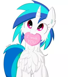 Size: 1500x1700 | Tagged: safe, artist:fajnyziomal, derpibooru import, vinyl scratch, pony, unicorn, cheek fluff, chest fluff, cute, ear fluff, female, fluffy, heart, holiday, mare, mouth hold, simple background, solo, valentine, valentine's day, vinylbetes, white background