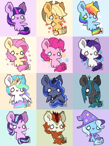 Size: 750x1000 | Tagged: safe, artist:mousu, derpibooru import, applejack, autumn blaze, fluttershy, pinkie pie, princess celestia, princess luna, queen chrysalis, rainbow dash, rarity, starlight glimmer, trixie, twilight sparkle, twilight sparkle (alicorn), alicorn, changeling, earth pony, kirin, pegasus, pony, unicorn, :3, awwtumn blaze, blush sticker, blushing, chibi, cute, cutealis, cutelestia, cutie mark background, dashabetes, diapinkes, diatrixes, female, glimmerbetes, jackabetes, lunabetes, mane six, open mouth, raribetes, royal sisters, shyabetes, twiabetes