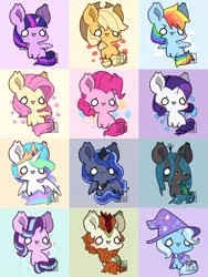 Size: 750x1000 | Tagged: safe, artist:mousu, derpibooru import, applejack, autumn blaze, fluttershy, pinkie pie, princess celestia, princess luna, queen chrysalis, rainbow dash, rarity, starlight glimmer, trixie, twilight sparkle, twilight sparkle (alicorn), alicorn, changeling, earth pony, kirin, pegasus, pony, unicorn, :3, awwtumn blaze, blush sticker, blushing, chibi, cute, cutealis, cutelestia, cutie mark background, dashabetes, diapinkes, diatrixes, female, glimmerbetes, jackabetes, lunabetes, mane six, open mouth, raribetes, royal sisters, shyabetes, twiabetes