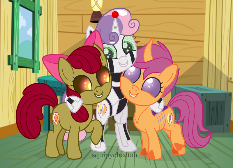 Size: 1936x1400 | Tagged: safe, artist:squipycheetah, derpibooru import, apple bloom, scootaloo, sweetie belle, changedling, changeling, changepony, earth pony, hybrid, pegasus, pony, robot, robot pony, undead, unicorn, zombie, zombie pony, fanfic:undead robot bug crusaders, story of the blanks, adorabloom, alternate color palette, alternate design, alternate universe, apple bloom's bow, blanked apple bloom, bow, box, changedlingified, changelingified, clubhouse, cute, cutie mark, cutie mark crusaders, diasweetes, fanfic art, female, filly, hair bow, happy, hug, lantern, lightbulb, looking at each other, looking down, looking up, raised hoof, scootaling, signature, smiling, species swap, standing, sweetie bot, the cmc's cutie marks, trio, trio female, watermark, window