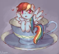 Size: 1280x1189 | Tagged: safe, artist:lilveon, derpibooru import, rainbow dash, pegasus, pony, colored pupils, cup, cup of pony, cute, dashabetes, heart, looking at you, micro, open mouth, solo, teacup