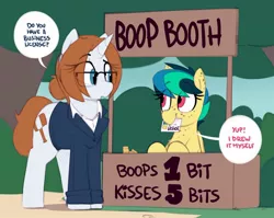 Size: 1334x1061 | Tagged: safe, artist:shinodage, derpibooru import, oc, oc:apogee, oc:diamond gavel, unofficial characters only, pegasus, pony, unicorn, apogees boop booth, boop, boop booth, cute, diageetes, dialogue, duo, eye clipping through hair, female, filly, forgery, freckles, kissing booth, mare, ocbetes, seems legit, speech bubble, this will end in jail time