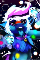 Size: 1563x2344 | Tagged: safe, artist:brainiac, derpibooru import, oc, oc:whiskey lullaby, cat, cat pony, original species, 80s, bell, bell collar, black light, cat bell, chest fluff, collar, drool, female, frog (hoof), glow bracelets, glow-in-the-dark, heart eyes, horseshoes, leash, licking, mare, mawshot, open mouth, pet play, pregnant, rave, solo, tongue out, underhoof, unshorn fetlocks, wingding eyes