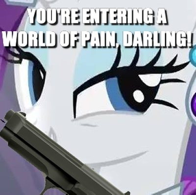 Size: 400x399 | Tagged: safe, derpibooru import, edit, edited screencap, screencap, rarity, pony, unicorn, beretta, caption, darling, female, gun, handgun, image macro, mare, meme, movie reference, pistol, text, the big lebowski, weapon