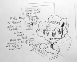 Size: 1512x1216 | Tagged: safe, artist:tjpones, derpibooru import, oc, oc:brownie bun, unofficial characters only, earth pony, pony, horse wife, dialogue, drawing, female, headset, keyboard, mare, mug, necktie, office, simple background, sitting, solo, tech support, traditional art