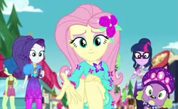 Size: 1171x720 | Tagged: safe, derpibooru import, screencap, fluttershy, laurel jade, rarity, sci-twi, spike, spike the regular dog, twilight sparkle, dog, equestria girls, equestria girls series, lost and pound, spoiler:choose your own ending (season 2), spoiler:eqg series (season 2), background human, clothes, cute, dress, female, food truck, geode of fauna, glasses, hat, lost and pound: fluttershy, magical geodes, male, mobile phone, pantyhose, phone, ponytail, shyabetes, skirt, smartphone, spike's dog collar, spike's festival hat