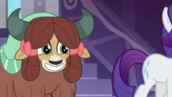 Size: 1920x1080 | Tagged: safe, derpibooru import, screencap, rarity, yona, pony, unicorn, yak, she's all yak, bow, carousel boutique, cute, cutie mark, excited, female, grin, hair bow, horns, mare, mentoring, monkey swings, smiling, solo focus, tail, teenager, walking, yonadorable