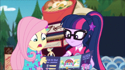Size: 1920x1080 | Tagged: safe, derpibooru import, screencap, flash sentry, fluttershy, raspberry lilac, sci-twi, twilight sparkle, equestria girls, equestria girls series, lost and pound, spoiler:choose your own ending (season 2), spoiler:eqg series (season 2), animated, brochure, discovery family logo, eating, female, food, food truck, geode of fauna, geode of telekinesis, glasses, lasagna, lasagna pop, magical geodes, male, music festival outfit, pasta, ponytail, sound, webm, written equestrian