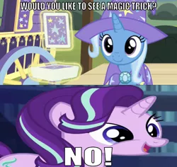 Size: 640x603 | Tagged: safe, derpibooru import, edit, edited screencap, editor:undeadponysoldier, screencap, starlight glimmer, trixie, pony, unicorn, uncommon bond, adorable face, asdfmovie, cape, caption, card, clothes, crystal, cute, denied, female, glimmerbetes, happy, hat, image macro, mare, meme, reference, text, trixie's cape, trixie's hat, trixie's wagon, wrong aspect ratio