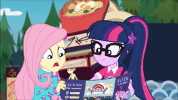 Size: 450x253 | Tagged: safe, derpibooru import, screencap, flash sentry, fluttershy, raspberry lilac, sci-twi, twilight sparkle, equestria girls, equestria girls series, lost and pound, spoiler:choose your own ending (season 2), spoiler:eqg series (season 2), animated, eating, female, food, food truck, geode of fauna, geode of telekinesis, glasses, lasagna, lasagna pop, magical geodes, male, pasta