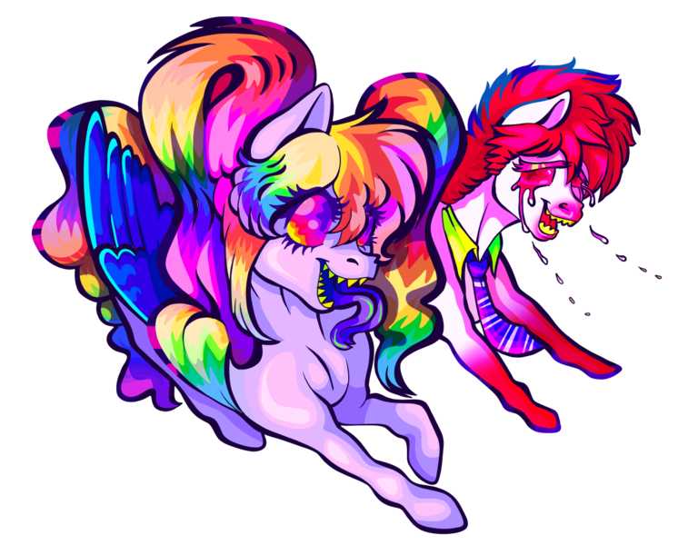 Size: 1300x1030 | Tagged: safe, artist:guidomista, artist:miiistaaa, artist:nijimillions, derpibooru import, oc, oc:bloodshot, oc:cacophony, unofficial characters only, pegasus, pony, accessories, art fight, artfight, collar, color porn, crying, eyelashes, fangs, female, fisheye lens, folded wings, forked tongue, friends, friendship, full body, fullbody, grin, half body, halfbody, high angle, long eyelashes, long mane, long tail, looking at each other, male, mare, multicolored hair, necktie, neon, pair, perspective, pigtails, rainbow, rainbow hair, red hair, red mane, saturated, sharp teeth, simple background, smiling, stallion, standing, striped hair, striped mane, teeth, transparent background, trippy, walking, wings