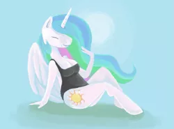 Size: 697x517 | Tagged: alicorn, anthro, artist:smirk, breasts, busty princess celestia, cleavage, clothes, derpibooru import, eyes closed, female, ms paint, one-piece swimsuit, open-back swimsuit, princess celestia, safe, sitting, solo, swimsuit, unguligrade anthro