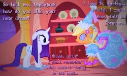 Size: 1024x615 | Tagged: safe, artist:snakeythingy, derpibooru import, edit, edited screencap, screencap, applejack, rarity, pony, look before you sleep, applejack also dresses in style, dialogue, froufrou glittery lacy outfit, golden oaks library, implied twilight sparkle, mind control, princess applejack, swirly eyes, wet, wet mane