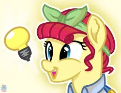 Size: 1911x1466 | Tagged: safe, artist:rainbow eevee, derpibooru import, torque wrench, pony, rainbow roadtrip, atg 2019, bandana, bust, button, clothes, cute, female, idea, inanimate object, lightbulb, lightbulb (inanimate insanity), mare, newbie artist training grounds, open mouth, overalls, simple background, smiling, solo, yellow background
