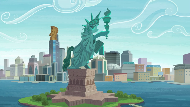 Size: 2880x1620 | Tagged: city, cityscape, crystaller building, derpibooru import, friendship island, island, manehattan, no pony, pier, piers, safe, scenery, screencap, skyscraper, stadium, statue, statue of friendship, the gift of the maud pie