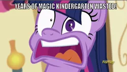Size: 636x362 | Tagged: safe, derpibooru import, edit, edited screencap, editor:undeadponysoldier, screencap, twilight sparkle, twilight sparkle (alicorn), alicorn, pony, unicorn, party pooped, buzz lightyear, caption, discovery family logo, faic, female, funny, image macro, mare, meme, open mouth, reference, shrunken pupils, simple background, solo, sugarcube corner, text, toy story, unicorn twilight, years of academy training wasted