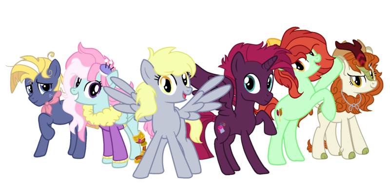 Size: 2341x1103 | Tagged: safe, artist:moonlightdisney5, derpibooru import, autumn blaze, candy apples, derpy hooves, fizzlepop berrytwist, kerfuffle, star tracker, tempest shadow, alicorn, earth pony, kirin, pegasus, pony, alicornified, alternate mane six, alternate universe, amputee, apple family member, applejack's hat, cowboy hat, fizzleverse, freckles, hat, prosthetic leg, prosthetic limb, prosthetics, race swap, tempest gets her horn back, tempest gets her wings back, underp