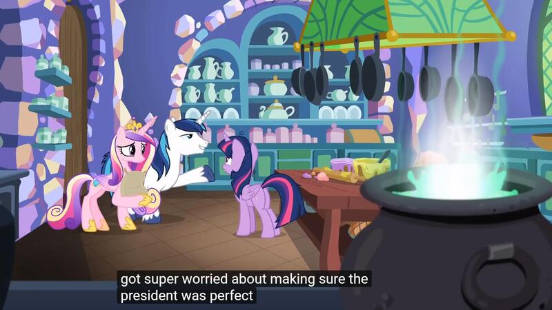 Size: 1920x1080 | Tagged: safe, derpibooru import, edit, edited screencap, screencap, princess cadance, shining armor, twilight sparkle, twilight sparkle (alicorn), alicorn, pony, best gift ever, caption, cauldron, flour, frying pan, kitchen, meme, president, rolling pin, youtube caption