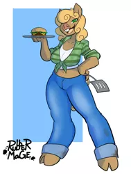 Size: 1514x2000 | Tagged: anthro, artist:rubbermage, burger, clothes, derpibooru import, flannel shirt, food, hybrid, jeans, oc, oc:diner delights, orc, original species, pants, pig, pony orc, safe, solo, spatula