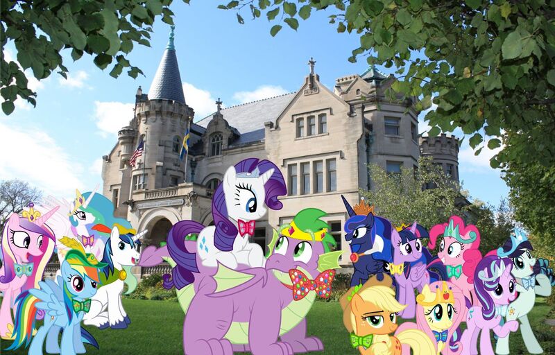 Size: 1280x819 | Tagged: safe, artist:disneymarvel96, derpibooru import, applejack, fluttershy, pinkie pie, princess cadance, princess celestia, princess luna, rainbow dash, rarity, shining armor, spike, starlight glimmer, twilight sparkle, twilight sparkle (alicorn), alicorn, dragon, pony, bowtie, castle, disney, disney princess, dragons in real life, fat, fat spike, female, irl, male, mane seven, mane six, minneapolis, minnesota, photo, ponies in real life, shipping, sparity, straight, winged spike