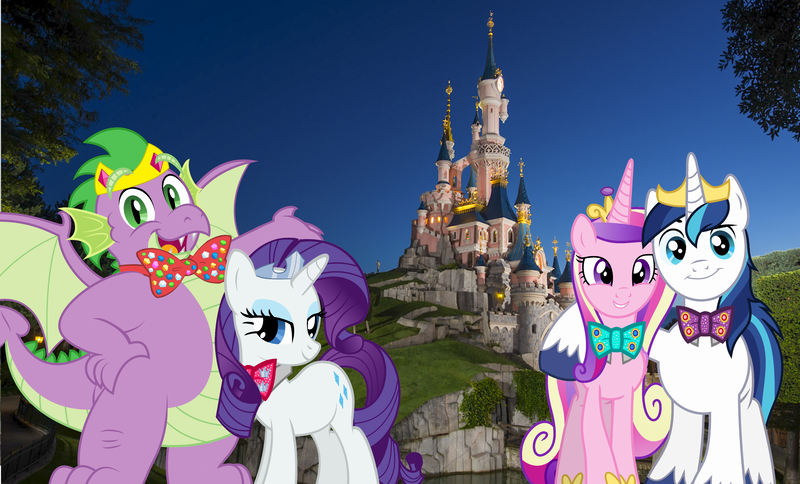 Size: 7328x4433 | Tagged: safe, artist:disneymarvel96, derpibooru import, princess cadance, rarity, shining armor, spike, alicorn, dragon, pony, unicorn, bowtie, castle, crown, disney, disney princess, disneyland, disneyland paris, dragons in real life, fat, fat spike, female, irl, jewelry, male, photo, ponies in real life, regalia, shiningcadance, shipping, sparity, straight, tiara, winged spike