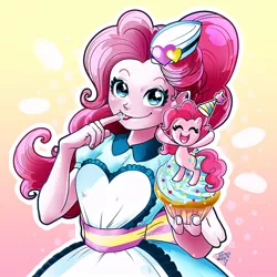 Size: 900x900 | Tagged: safe, artist:babtyu, derpibooru import, pinkie pie, earth pony, pony, coinky-dink world, eqg summertime shorts, equestria girls, bipedal, carhop, cupcake, cute, diapinkes, eyes closed, female, food, hat, human ponidox, licking, looking at you, mare, open mouth, party hat, ponk, self ponidox, server pinkie pie, tiny, tiny ponies, tongue out