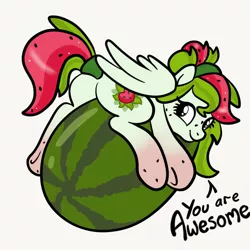 Size: 2100x2100 | Tagged: safe, artist:sjart117, derpibooru import, oc, oc:watermelana, unofficial characters only, pegasus, pony, butt, female, food, freckles, gradient hooves, looking at you, looking back, looking back at you, mare, motivational, plot, positive ponies, solo, speech, talking, underhoof, watermelon