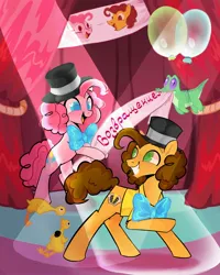 Size: 1728x2160 | Tagged: safe, artist:switchsugar, derpibooru import, boneless, cheese sandwich, gummy, pinkie pie, earth pony, pony, bow ties, cyrillic, female, hat, implied cheesepie, implied shipping, implied straight, male, party, russian, smiling, stage