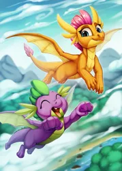 Size: 917x1280 | Tagged: safe, artist:zazush-una, derpibooru import, smolder, spike, dragon, cloud, cute, dragoness, duo, fangs, female, flying, male, open mouth, outdoors, sky, smiling, smolderbetes, spikabetes, wingding eyes, winged spike