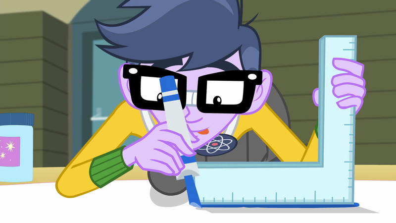 Size: 1280x720 | Tagged: safe, derpibooru import, screencap, microchips, a banner day, equestria girls, friendship games, clothes, glasses, male, marker, ruler, solo