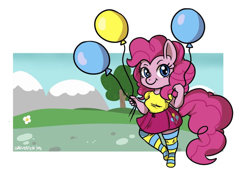 Size: 3276x2475 | Tagged: safe, artist:greyeater, derpibooru import, pinkie pie, anthro, earth pony, unguligrade anthro, balloon, clothes, cute, diapinkes, miniskirt, shirt, simple background, skirt, socks, solo, stockings, striped socks, thigh highs, zettai ryouiki