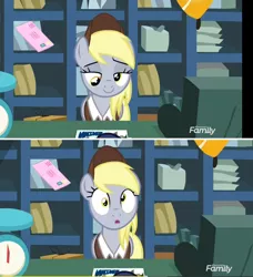 Size: 744x816 | Tagged: safe, derpibooru import, screencap, derpy hooves, pegasus, pony, between dark and dawn, :o, cash register, female, letter, mailmare, mailmare uniform, open mouth, postcard, realization, solo, weighing scale