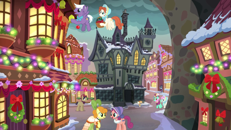 Size: 2880x1620 | Tagged: safe, derpibooru import, screencap, bonnie rose, bow bonnet, carrot top, golden harvest, lyra heartstrings, silver script, the little match filly, twinkleshine, unnamed character, unnamed pony, earth pony, pegasus, pony, unicorn, a hearth's warming tail, background pony, bell, bonnet, canterlot, city, clothes, dress, female, hearth's warming eve, house, male, mare, scenery, snow, snowfall frost's house, stallion, street, wreath