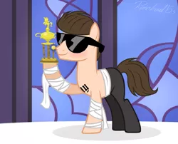 Size: 2053x1656 | Tagged: safe, artist:rainbow15s, derpibooru import, earth pony, pony, award, belt, clothes, crossover, hoof wraps, johnny cage, male, mortal kombat, pants, raised hoof, solo, stallion, sunglasses, tattoo