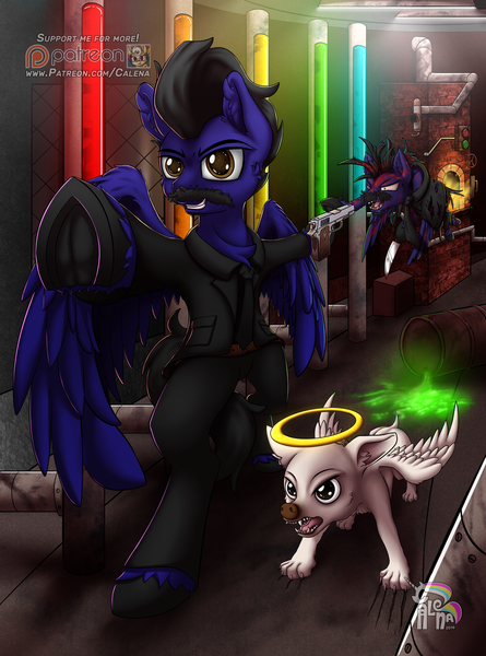 Size: 950x1280 | Tagged: semi-grimdark, artist:calena, derpibooru import, oc, oc:jesus, oc:pepe, unofficial characters only, pegasus, pony, fanfic:rainbow factory, acid, angry, blood, clothes, commission, crazy face, creepy, creepy smile, faic, furnace, gun, halo, knife, liquid rainbow, patreon, patreon logo, perspective, pipe (plumbing), self paradox, signature, smiling, spectra, suit, underhoof, weapon, wings